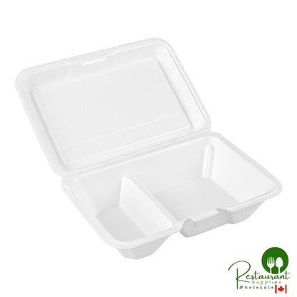 Dart 205HT2 9" x 6" x 3" White Foam 2 Compartment Take Out Container with Perforated Hinged Lid - 200/Case