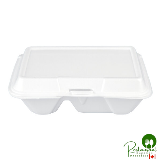 Dart 205HT2 9" x 6" x 3" White Foam 2 Compartment Take Out Container with Perforated Hinged Lid - 200/Case