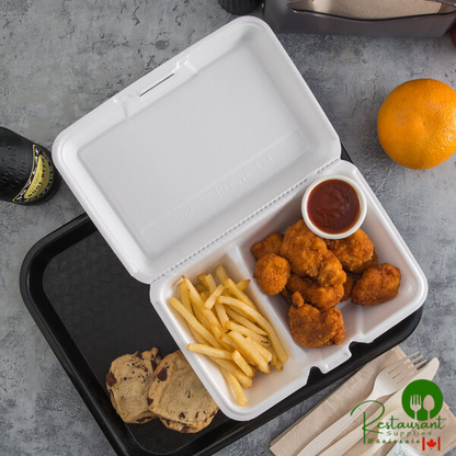 Dart 205HT2 9" x 6" x 3" White Foam 2 Compartment Take Out Container with Perforated Hinged Lid - 200/Case