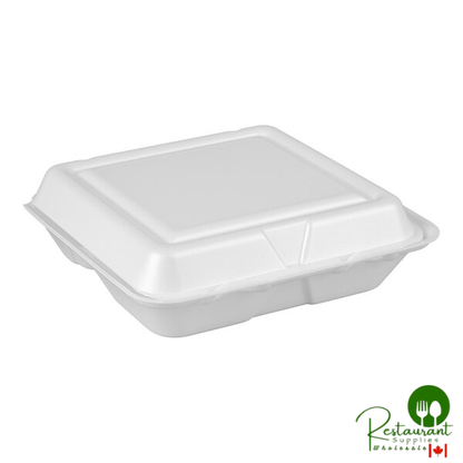 Dart 80HT3R 8" x 7 1/2" x 2" White Foam Three-Compartment Square Take Out Container with Hinged Lid - 200/Case