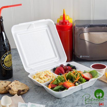 Dart 80HT3R 8" x 7 1/2" x 2" White Foam Three-Compartment Square Take Out Container with Hinged Lid - 200/Case