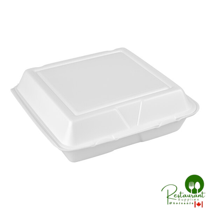 Dart 95HT3R 9 1/2" x 9" x 3" White Foam Three-Compartment Square Take Out Container with Hinged Lid - 200/Case