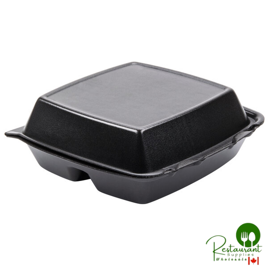 Dart 85HTB3R 8" x 8" x 3" Black Foam Three-Compartment Square Take Out Container with Perforated Hinged Lid - 200/Case