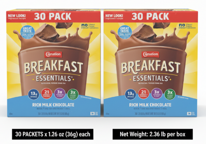 Nestle Carnation Breakfast Essentials Each box: 30 packets × 1.26 oz (36g) | Net WT 2.36lb– Rich Milk Chocolate (2-Pack)