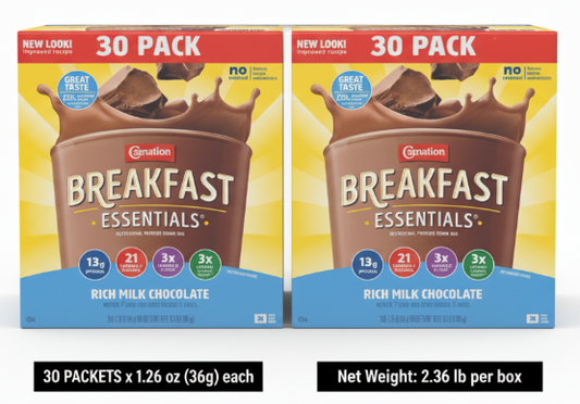 Nestle Carnation Breakfast Essentials Each box: 30 packets × 1.26 oz (36g) | Net WT 2.36lb– Rich Milk Chocolate (2-Pack)