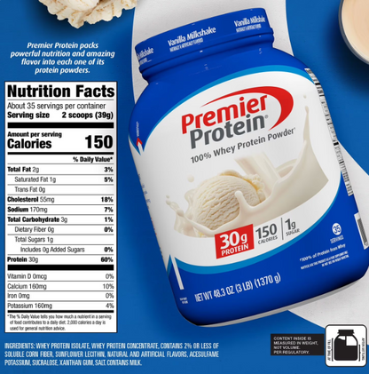 Premier Protein 30g High Protein Powder, Vanilla Milkshake, 3 lbs  2/CASE