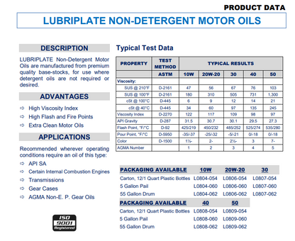 LUBRIPLATE NON-DETERGENT MOTOR OIL SAE 30 – 5 GALLON PAIL