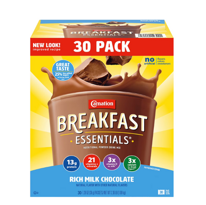 Nestle Carnation Breakfast Essentials Each box: 30 packets × 1.26 oz (36g) | Net WT 2.36lb– Rich Milk Chocolate (2-Pack)