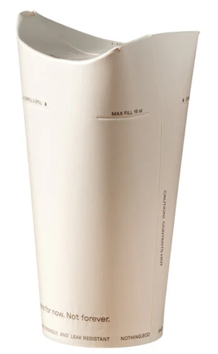 Nothing paper hot cup with integrated folding lid, shown unfolded