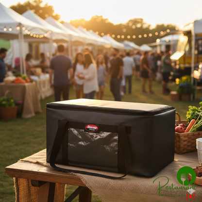 Sterno Black Customizable Space Saver Catering Large Insulated Food Carrier, 16" x 24" x 14" - Holds 3 Full Size of or 6 Half Size Food Pans