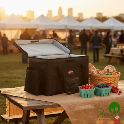 Sterno 70530 Delivery Deluxe Black Extra-Large Insulated Food Carrier, 22" x 13" x 14" - Holds (8) 9" x 9" x 3" Meal Containers