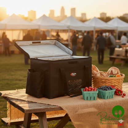 Sterno 70528 Delivery Deluxe Black Large Insulated Food Carrier, 16" x 12" x 16 1/2" - Holds (5+) 9" x 9" x 3" Meal Containers