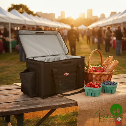 Sterno 70526 Delivery Deluxe Black Medium Insulated Food Carrier, 14 1/2" x 12" x 16 1/2" - Holds (5) 9" x 9" x 3" Meal Containers