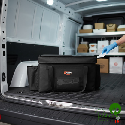 Sterno 70531 Delivery Deluxe Space Saver Black XL Insulated Food Carrier, 22" x 13" x 14" - Holds (8) 9" x 9" x 3" Meal Containers