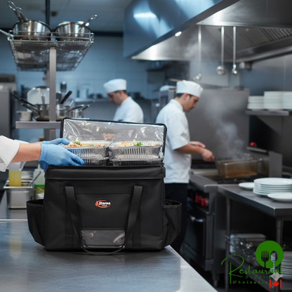 Sterno 70533 Delivery Deluxe Black 2XL Space Saver Insulated Food Carrier, 22" x 13" x 17 3/4" - Holds (10) 9" x 9" x 3" Meal Containers