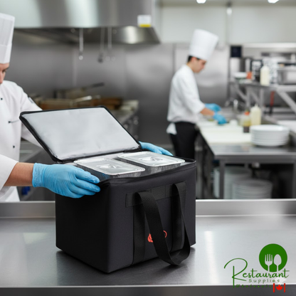 Sterno 72604 Black Medium Delivery Insulated Food Carrier, 14" x 10" x 10" - Holds (20) Cans