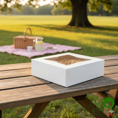 8" x 8" x 2 1/2" White Customizable Auto-Popup Window Bakery Box - 200/Bundle