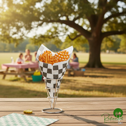 7" x 6 1/2" Black Check Wire Cone Basket Liner / Deli Wrap / Double Open Bag By Prime - 2,000/Case