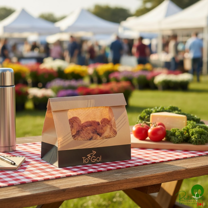 EcoCraft 8 1/4" x 5 1/4" x 9 3/4" Printed To-Go Vented Meal Bag with Window and Tac Seal - 250/Case