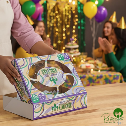 Champion 14" x 10" x 3" Auto-Popup Window Cake / Bakery Box with Mardi Gras King Cake Design - 100/Case