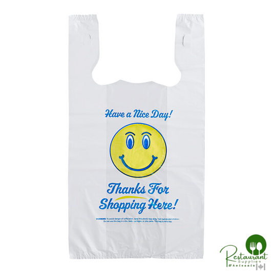 1/6 Standard Size White "Happy Face" Heavy-Duty Plastic T-Shirt Bag By Prime - 500/Case