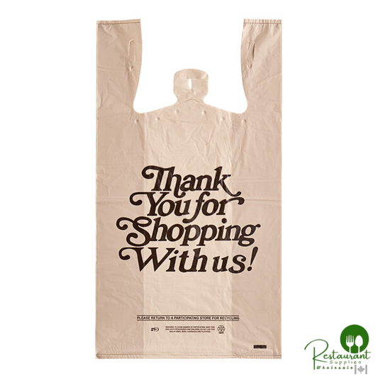 1/6 Standard Size Beige "Thank You" Script Heavy-Duty Plastic T-Shirt Bag By Prime - 600/Case