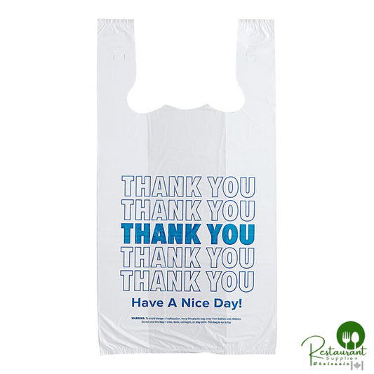 1/6 Standard Size White "Thank You" Blue Print Standard-Duty Plastic T-Shirt Bag By Prime - 1,000/Case