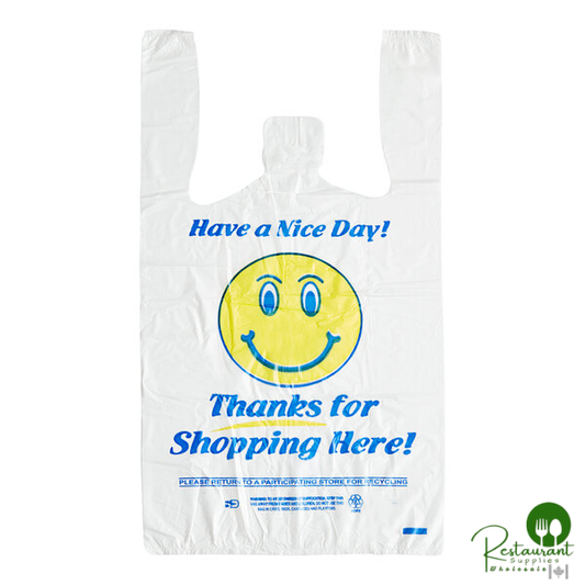 1/8 Small Size White "Happy Face" Standard-Duty Plastic T-Shirt Bag By Prime - 1,000/Case