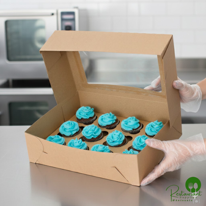 14" x 10" x 4" Kraft Window Cupcake / Muffin Box with 12 Slot Reversible Insert By Prime - 10/Pack