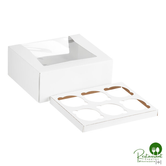 9" x 7" x 3 1/2" White Auto-Popup Window Cupcake / Muffin Box with 6 Slot Reversible Insert By Prime - 10/Pack