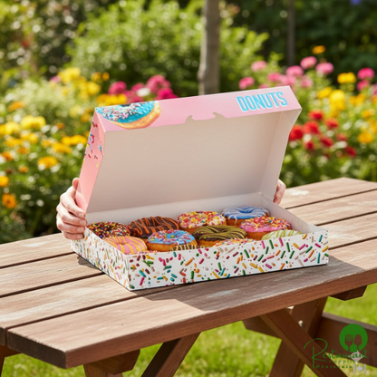 Champion 14 1/4" x 10 3/4" x 2 1/4" Multicolor "Enjoy" Auto-Popup Donut Box - 125/Case