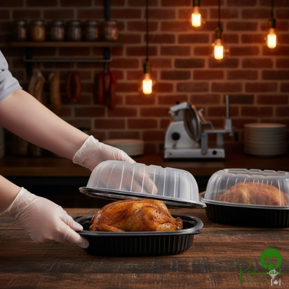 D&W Fine Pack 10" Black Microwavable Chicken Roaster Take-Out Container with Dome Lid - 200/Case