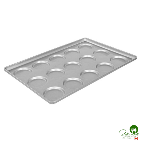 Chicago Metallic 41002 Glazed Aluminized Steel 15 Mold 3.32 oz. Individual Hamburger Bun / Muffin Top / Cookie Pan - 17 3/4" x 25 3/4"