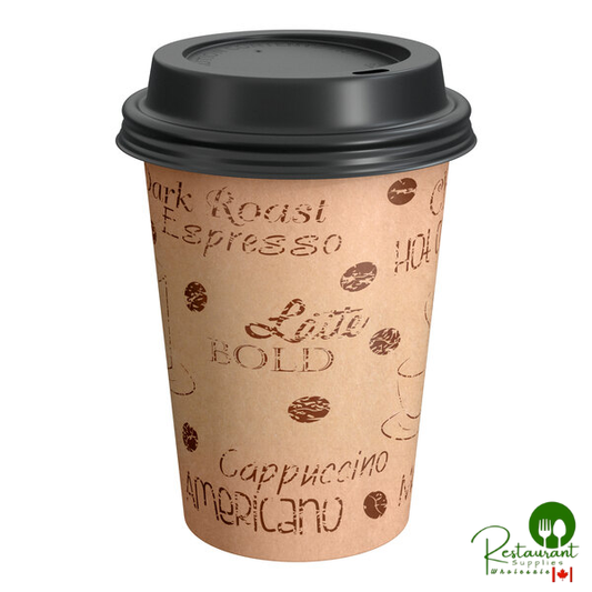 12 oz. Cafe Print Poly Paper Hot Cup and Lid By Prime - 100/Pack