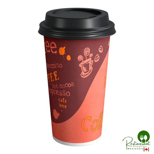 16 oz. Coffee Print Poly Paper Hot Cup and Lid By Prime - 100/Pack