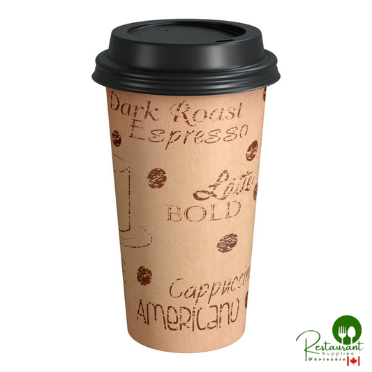 16 oz. Cafe Print Poly Paper Hot Cup and Lid By Prime - 100/Pack