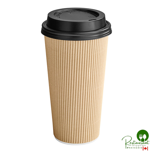 20 oz. Double Wall Ripple Kraft Paper Hot Cup and Black Lid By Prime - 100/Pack