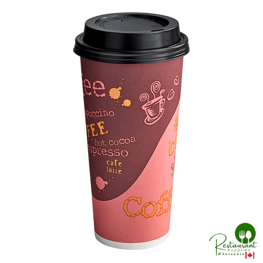 24 oz. Coffee Print Poly Paper Hot Cup and Lid By Prime - 100/Pack