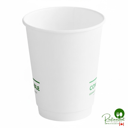 12 oz. Smooth Double Wall White Compostable Paper Hot Cup By Prime - 500/Case