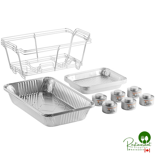 Prime 18 Piece Full Size Disposable Chafer Dish Kit with (3) Wire Stands, (3) Deep Pans, (6) 1/2 Size Shallow Pans, and (6) 4 Hour Wick Fuels