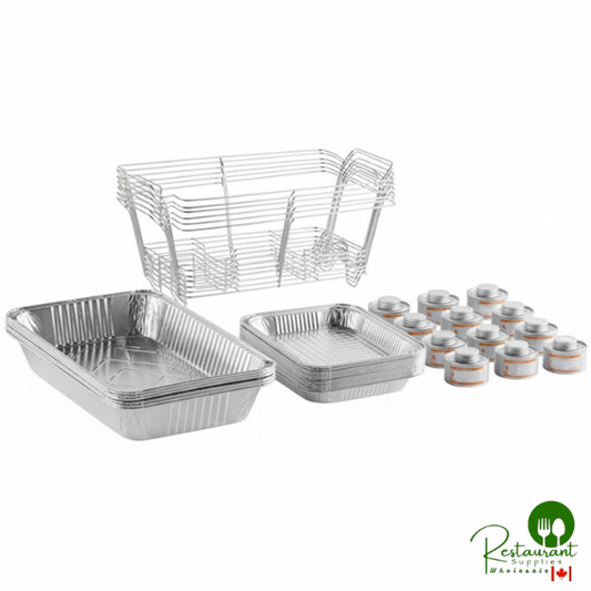 Prime 36 Piece Full Size Disposable Chafer Dish Kit with (6) Wire Stands, (6) Deep Pans, (12) 1/2 Size Shallow Pans, and (12) 4 Hour Wick Fuels