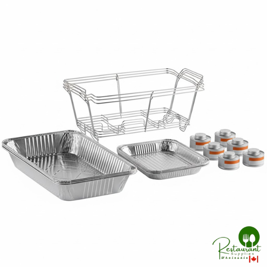 Prime 15 Piece Full Size Disposable Chafer Dish Kit with (3) Wire Stands, (3) Deep Pans, (3) Shallow Pans, and (6) 4 Hour Wick Fuels