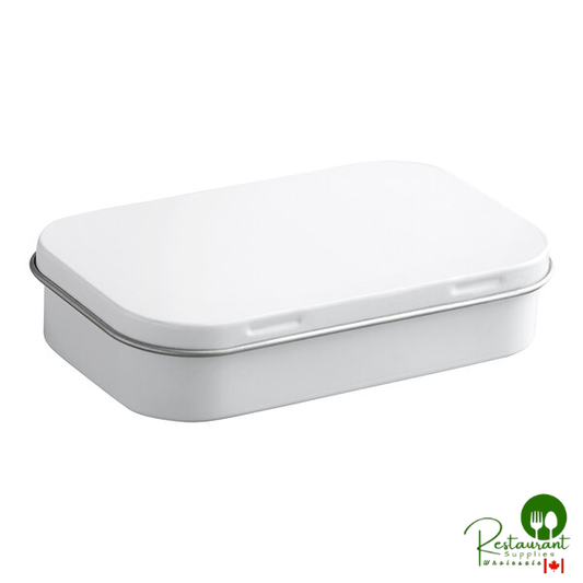 3 11/16" x 2 1/4" x 13/16" White Rectangular Tin with Hinged Lid - 200/Case