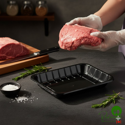 CKF 86570 (#8DP) 5 15/16" x 8 3/8" x 1 1/8" Black PET Plastic Meat Tray - 300/Case