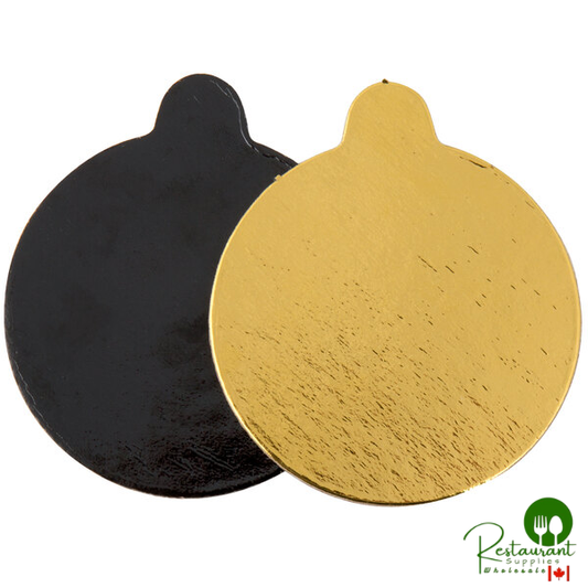 Enjay .045-314RTGB 3 1/4" Black and Gold Reversible Round Single Serve Dessert Board with Tab - 500/Case