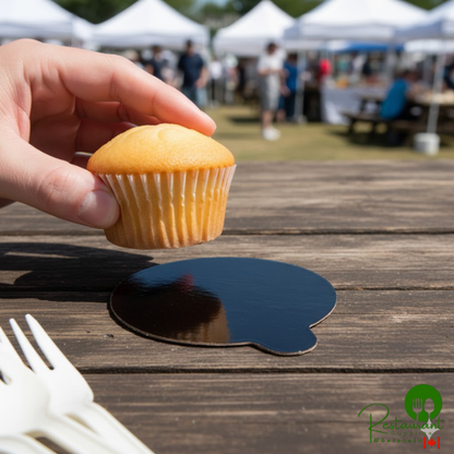 Enjay .045-314RTGB 3 1/4" Black and Gold Reversible Round Single Serve Dessert Board with Tab - 500/Case