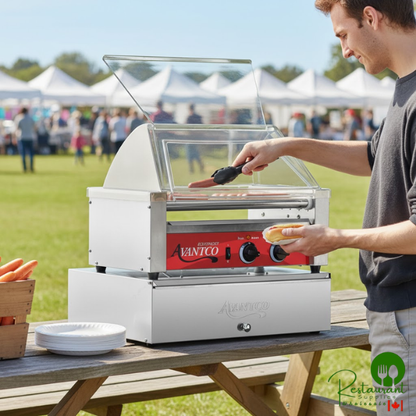RG1818K2 18 Hot Dog Roller Grill with 7 Rollers, Sneeze Guard, and 64 Bun Cabinet by Prime - 120V, 590W