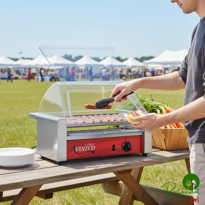 RG1812KIT 12 Hot Dog Roller Grill with 5 Rollers and Sneeze Guard by Prime - 120V, 430W