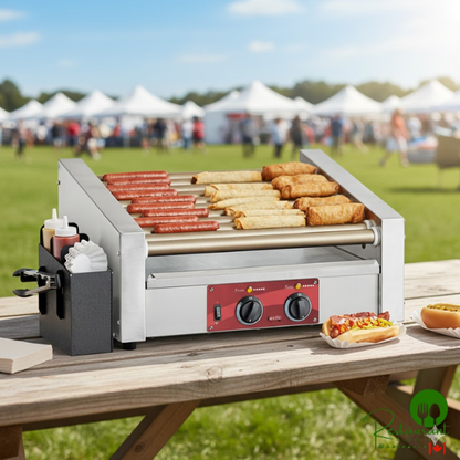 RG1830SLT 30 Slanted Hot Dog Roller Grill with 11 Non-Stick Rollers by Prime - 120V, 910W