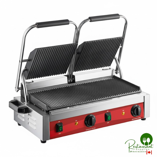 PG400 Commercial Dual Panini Sandwich Grill with Grooved Plates and 19 5/8" x 9 1/8" Cooking Surface - 120V, 3500W By Prime